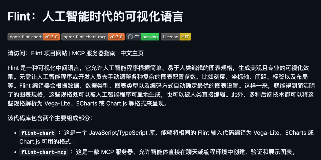 Flint 项目介绍页面：视觉中间语言、许可证与 npm 版本信息