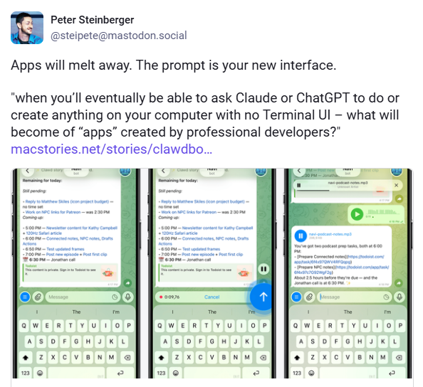 Peter Steinberger在Mastodon上发布的帖子截图，内容为“Apps will melt away. The prompt is your new interface.”