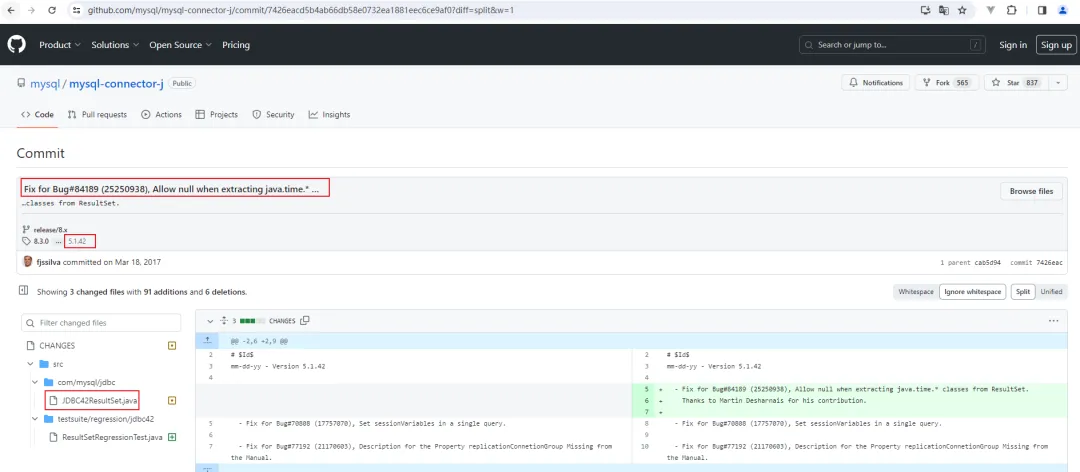 GitHub提交截图：Fix for Bug#84189, Allow null when extracting java.time.* classes