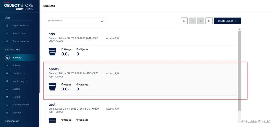 Minio控制台显示新创建的oss02桶
