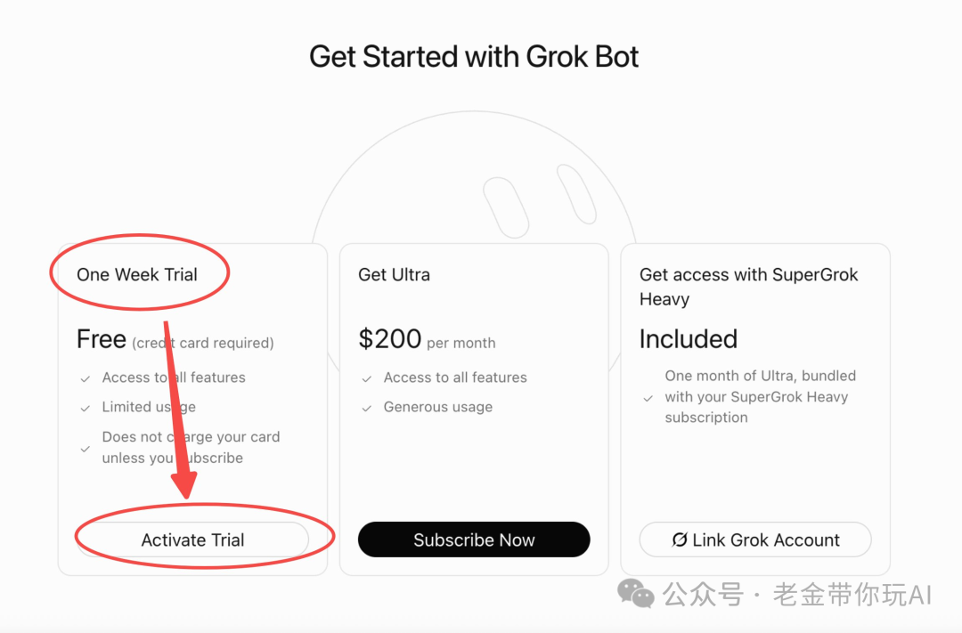 Grok Bot订阅选项页面:免费试用、Ultra与SuperGrok Heavy