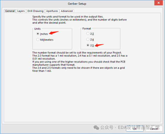Gerber Setup General设置界面，单位Inches格式2:5