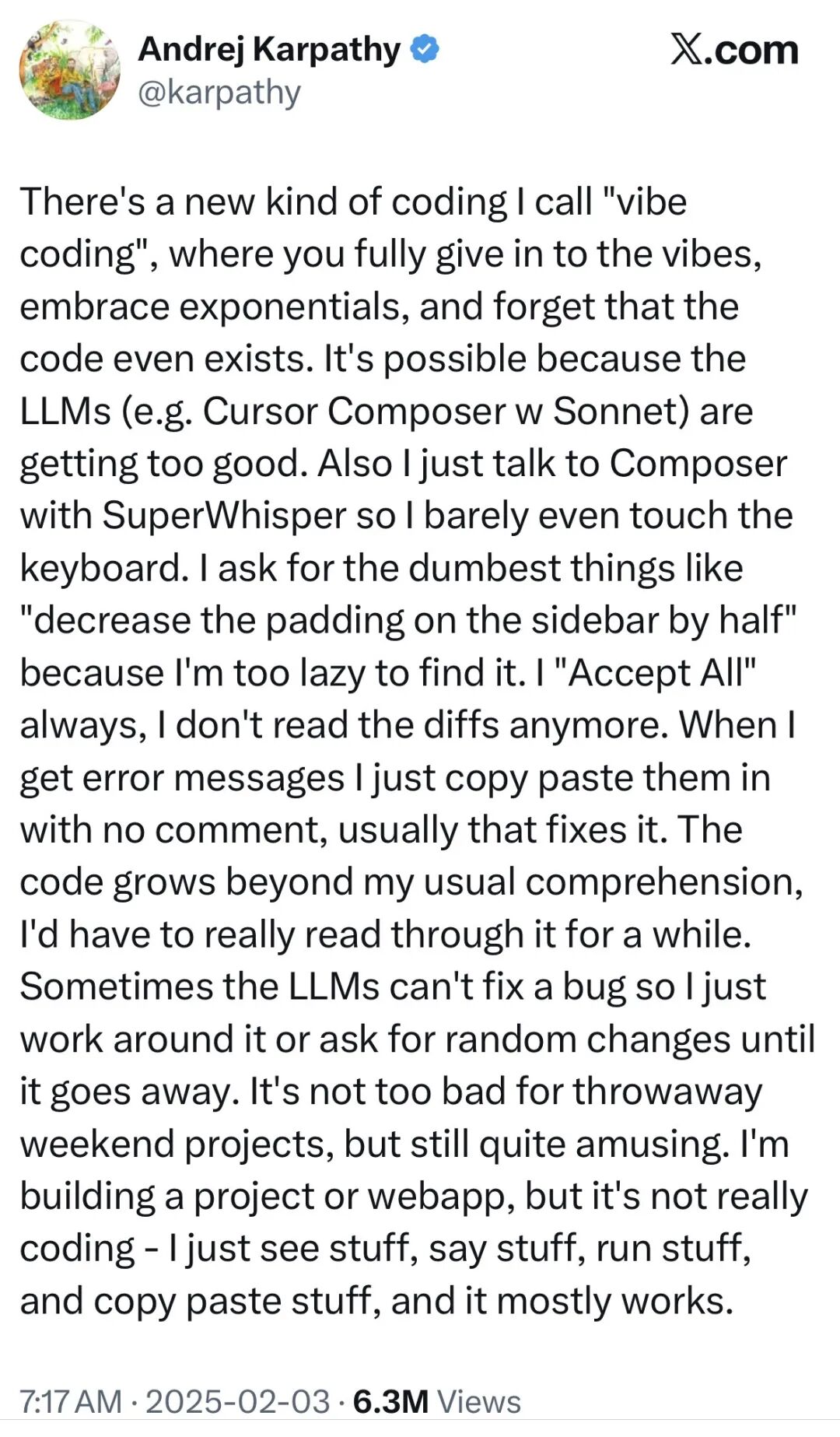 Andrej Karpathy 关于 Vibe Coding 的原始推文截图