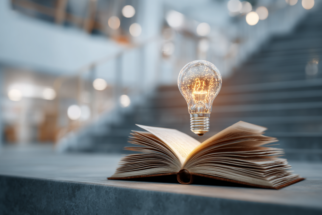 象征知识与灵感的灯泡与书籍