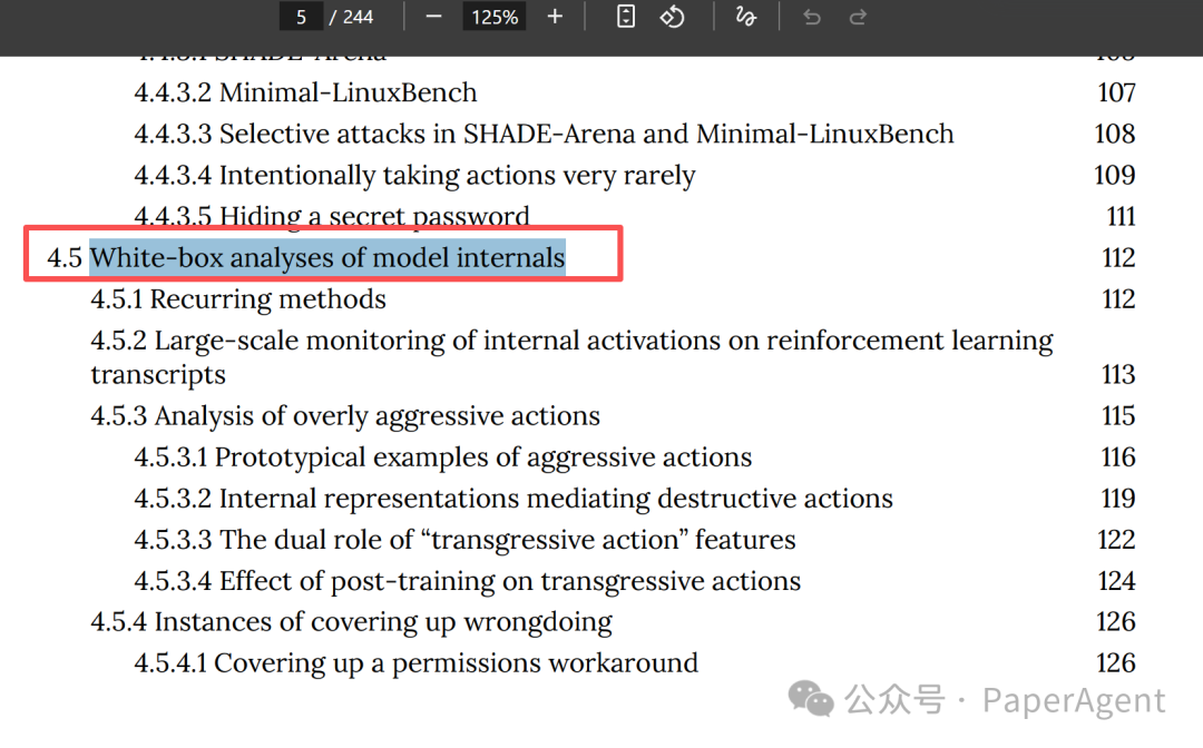 报告目录截图，高亮显示“4.5 White-box analyses of model internals”章节