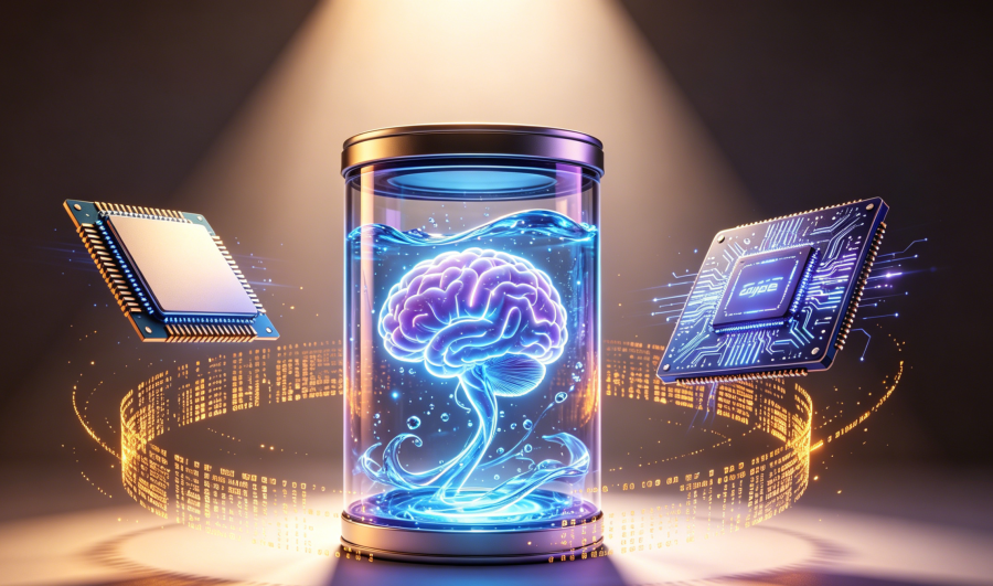 悬浮于发光液体中的霓虹大脑与芯片科技概念图