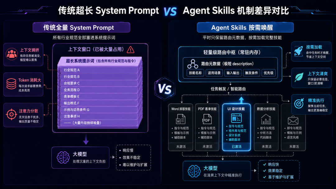 Agent Skills 与传统全量 System Prompt 机制差异对比图：左侧为超长提示词导致的上下文拥堵与 Token 高消耗，右侧为按需唤醒的轻量路由中枢，下方对比响应速度、稳定性与可维护性