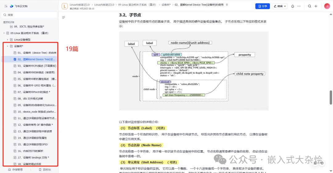 设备树节点结构示意图，展示节点标签、名称、属性及子节点