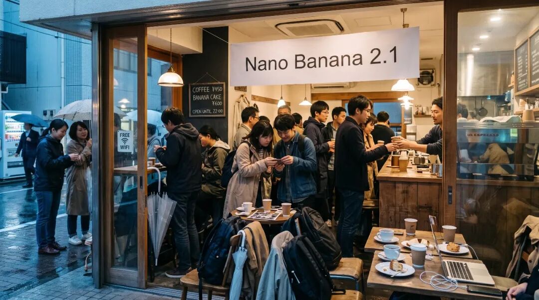 Nano Banana 2.1 生成的雨天咖啡店场景