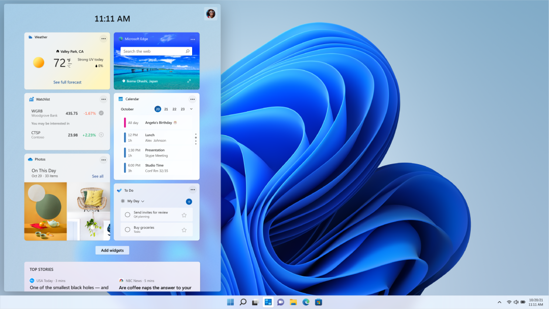 Windows 11 小组件面板展示天气、股票、待办事项等模块