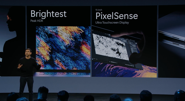 发布会展示显示屏规格:Brightest Peak HDR 与 15-inch PixelSense Ultra Touchscreen Display