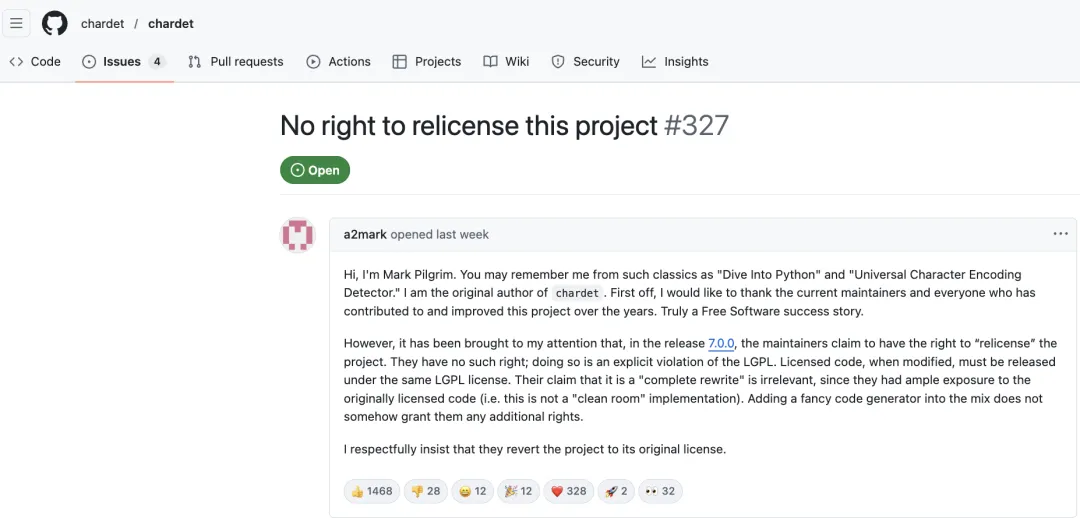 GitHub Issues截图：原作者Mark Pilgrim提出“无权重新许可项目”