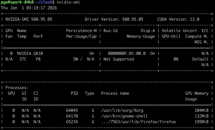 终端输出:`nvidia-smi`命令结果,显示GPU Name: NVIDIA GB10, Temp: 37C, Pwr: 5W, Memory-Usage: Not Supported