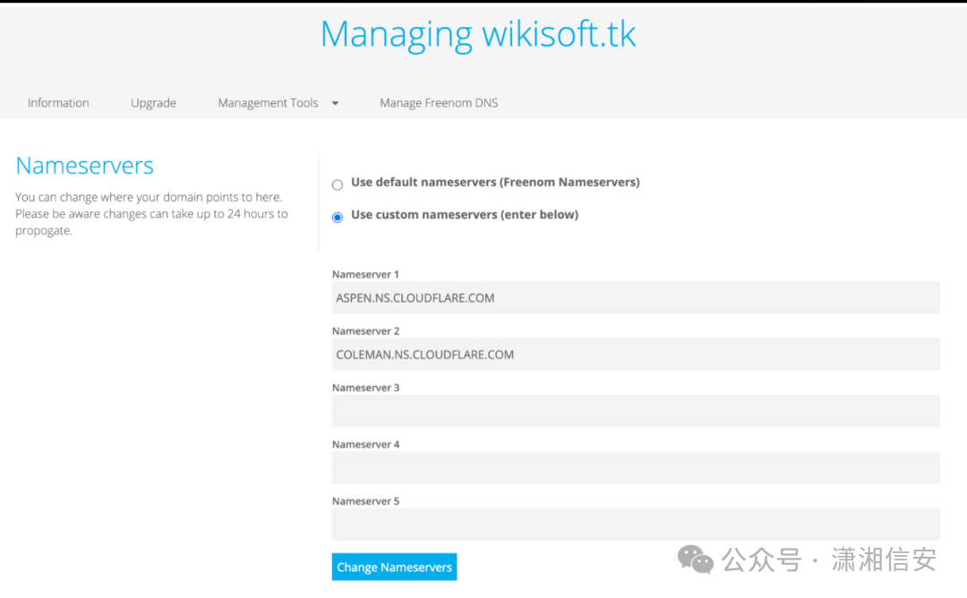 Freenom自定义Nameserver配置界面