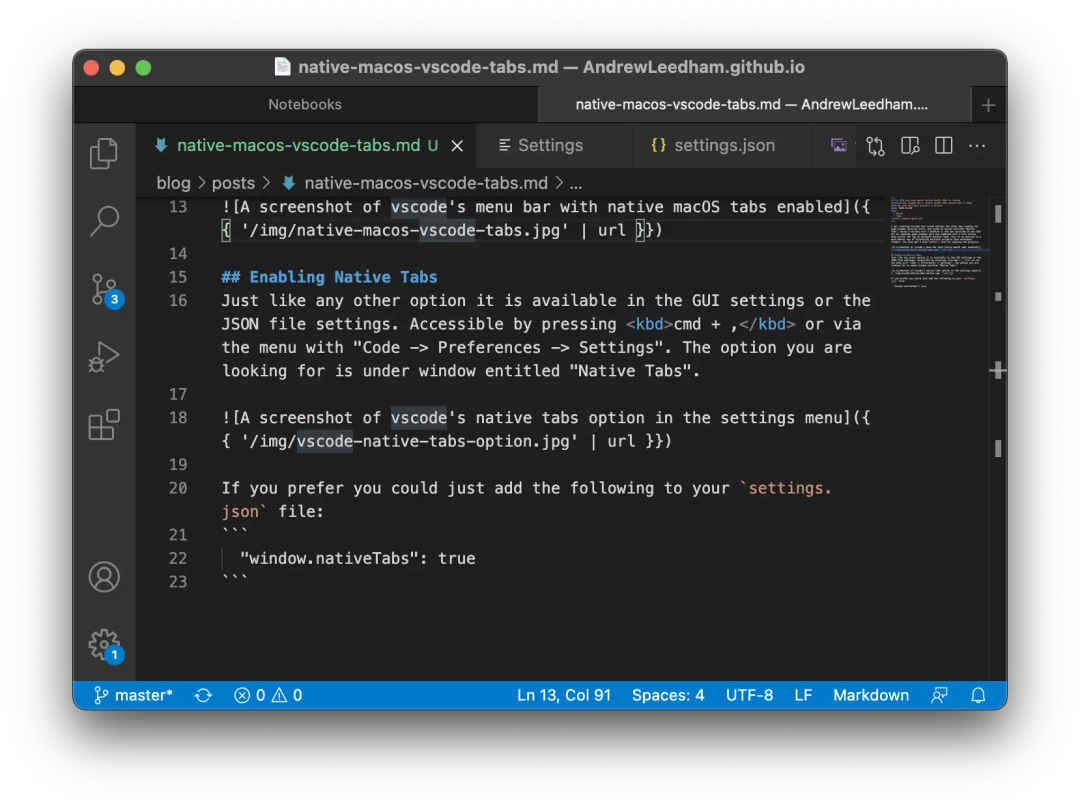 VS Code 中以原生 macOS 标签页方式管理的编辑器界面