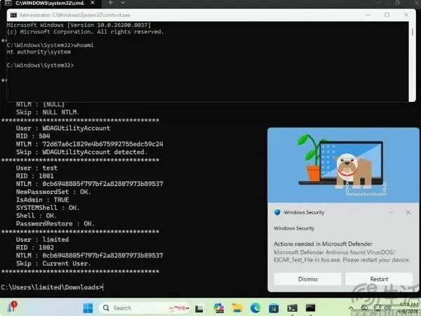 Windows命令提示符显示NTLM认证信息与Microsoft Defender病毒警告