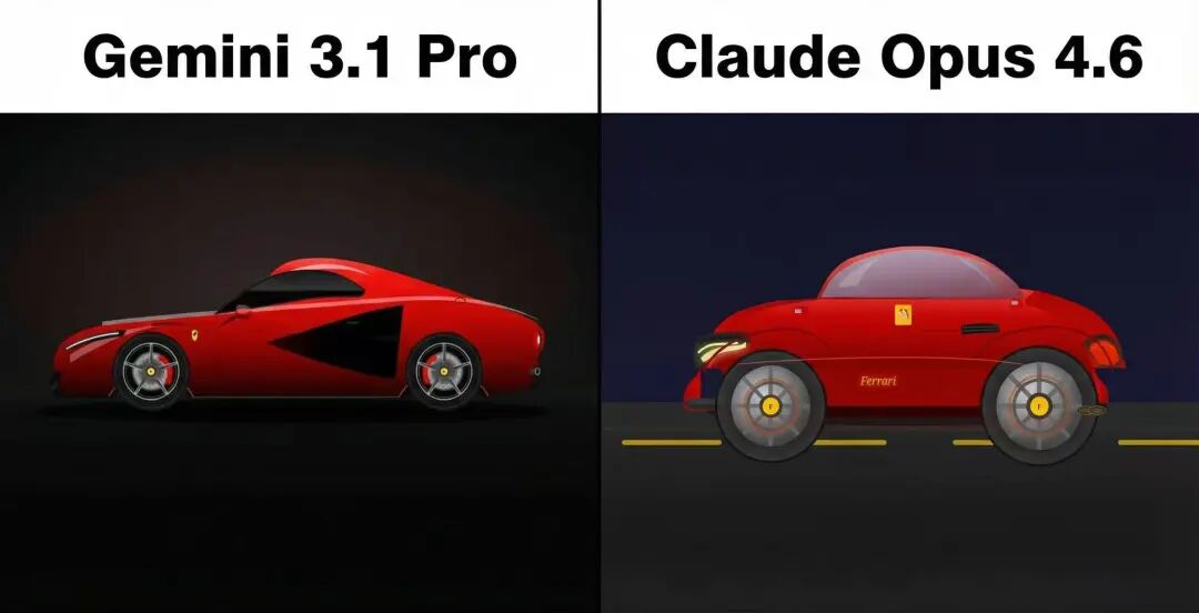 Gemini 3.1 Pro与Claude Opus 4.6生成红色法拉利SVG效果对比