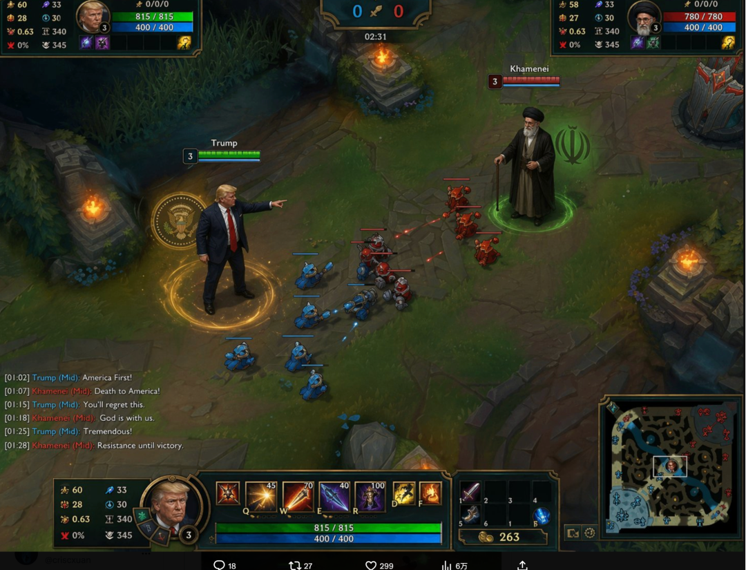 AI生成的MOBA游戏截图，特朗普对哈梅内伊