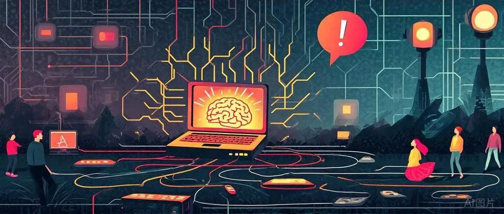 一幅描绘人工智能与人类深度连接的科技插画，背景为深蓝色电路板，中央笔记本电脑屏幕显示发光的脑部图案，周围环绕着代表数据流动的线条与人物
