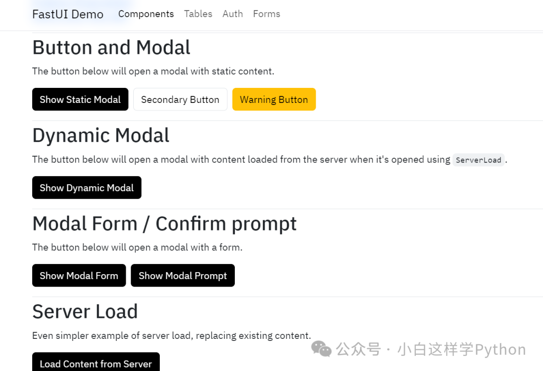 FastUI模态框与服务器加载等组件的演示页面