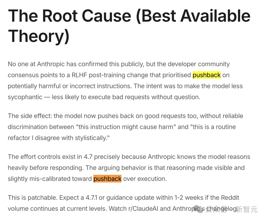 文本截图，标题为“The Root Cause (Best Available Theory)”，内容分析4.7行为退化源于RLHF后训练变更，优先对可能有害的指令进行反弹，导致模型无法可靠区分有害指令与常规重构，但预计可在一两周内通过补丁修复。