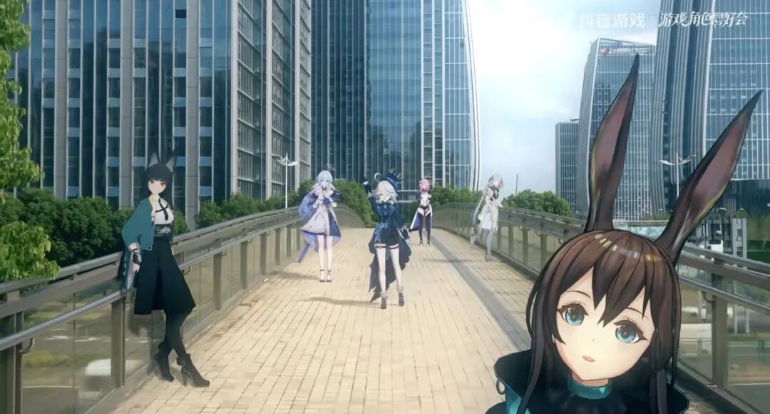 动漫风格的城市天桥场景,多位女性角色