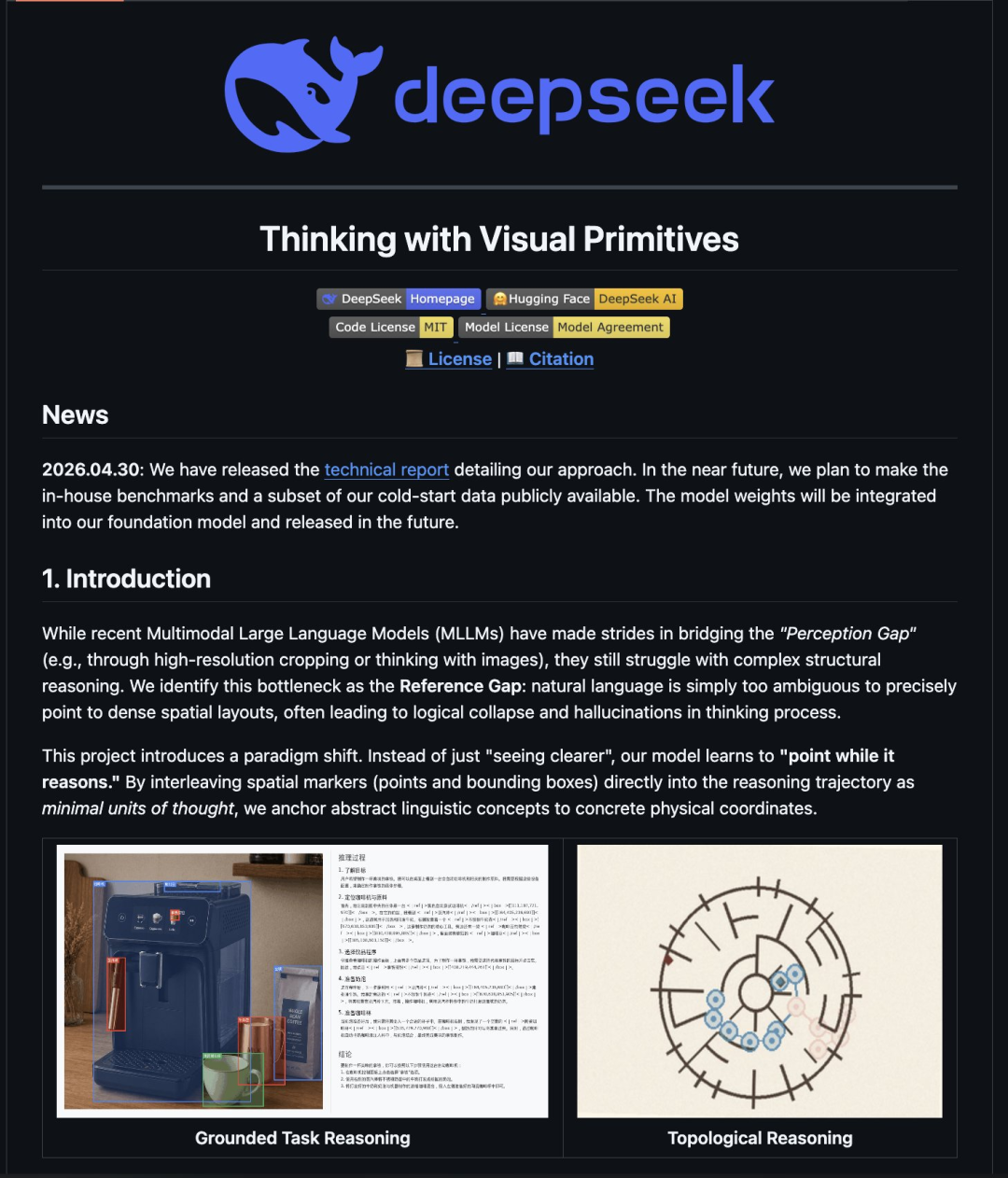 深色背景网页截图，展示DeepSeek论文标题与Introduction内容