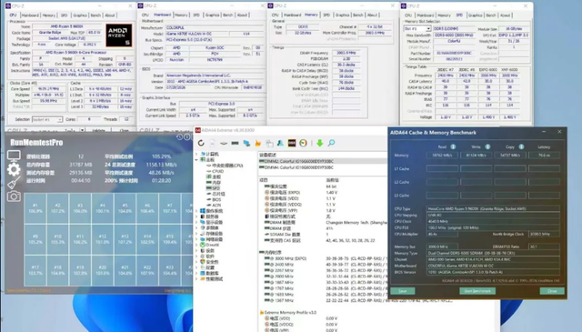 AMD Ryzen 9 7950X3D 内存与缓存基准测试及硬件监控截图