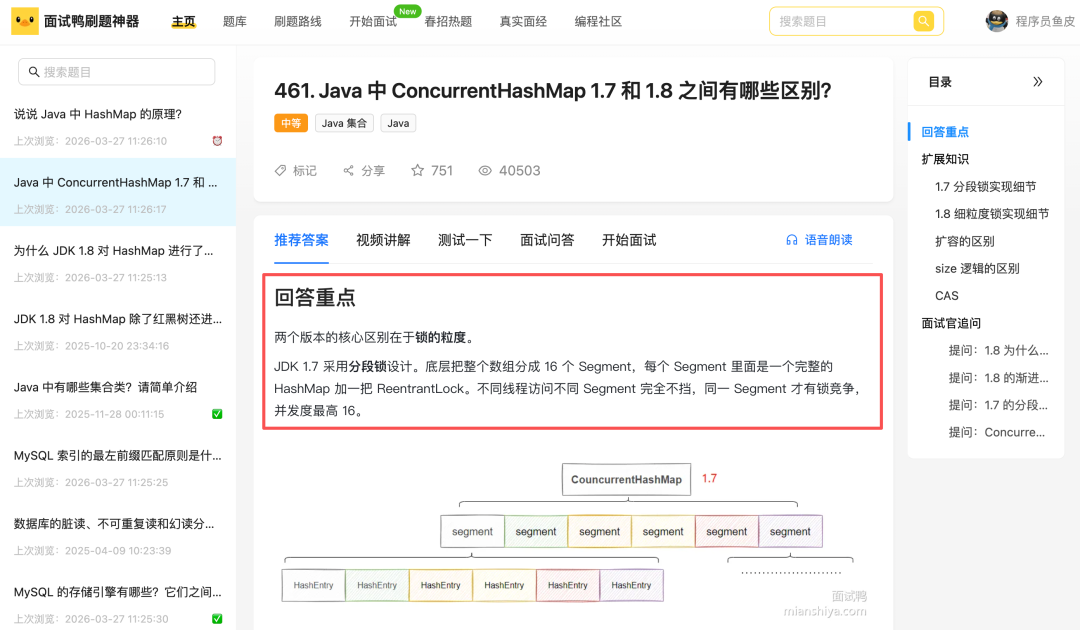 面试鸭网站上的题解页面，展示先给结论的结构