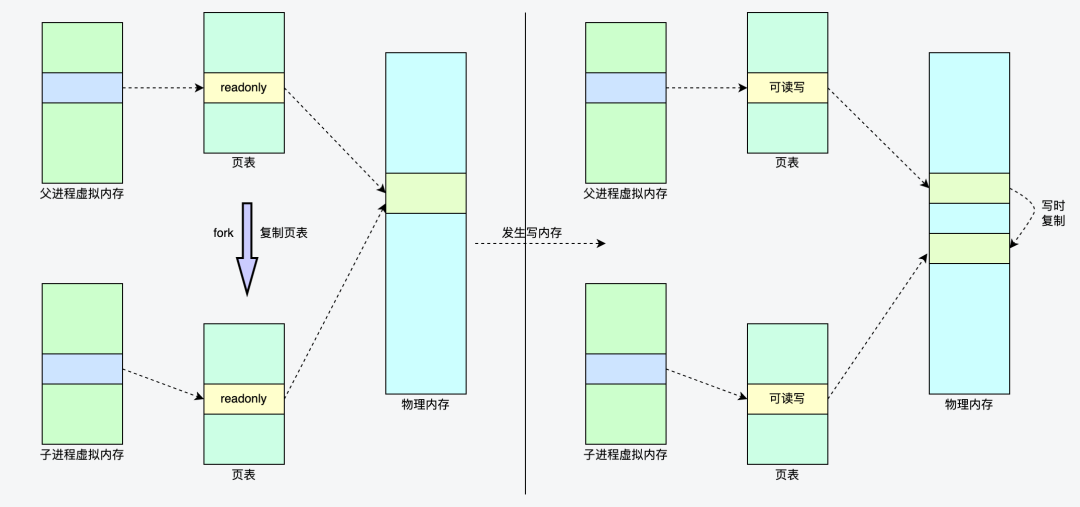 fork() 写时复制机制:父进程与子进程共享只读内存页