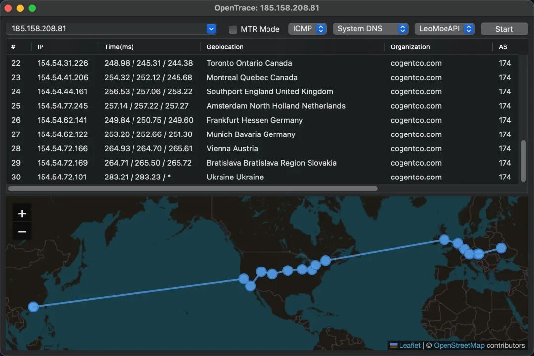 OpenTrace跨洲路由追踪结果地图