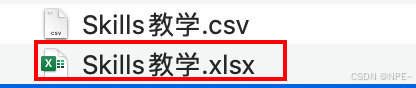 文件列表显示生成的 Skills 教学.csv 和 Skills 教学.xlsx