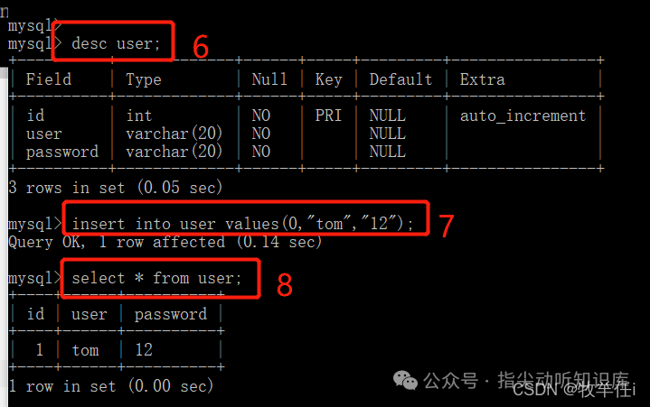 MySQL表结构查看及数据插入截图