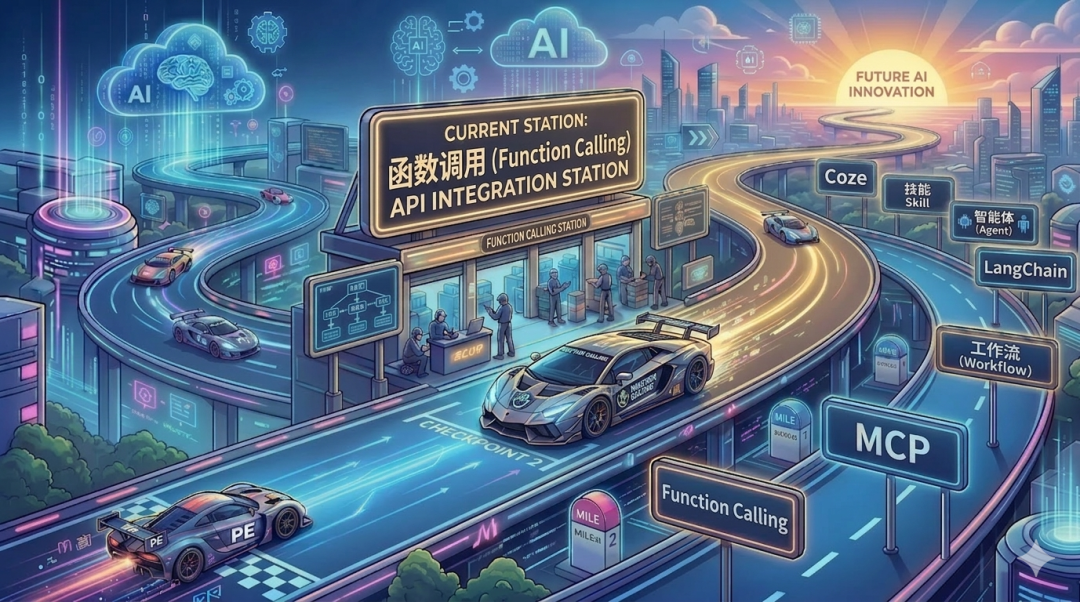 一张描绘AI技术演进高速公路的未来科技插画