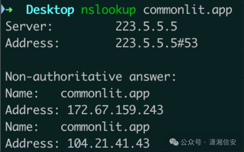 nslookup查询commonlit.app解析结果