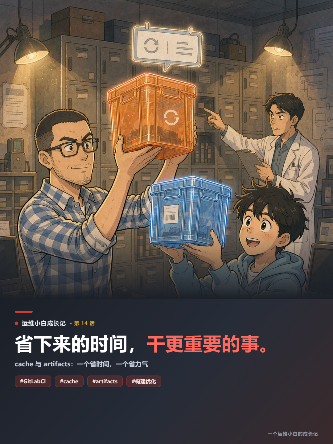 运维小白成长记第14话主题插画:cache与artifacts一个省时间一个省力气