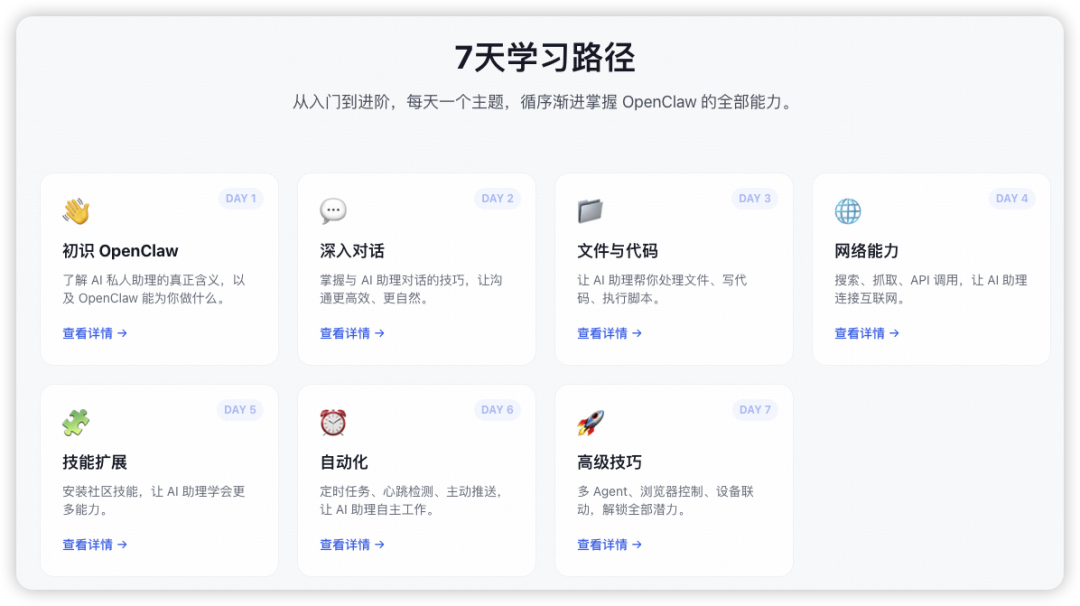 OpenClaw 7天系统化学习路径界面截图