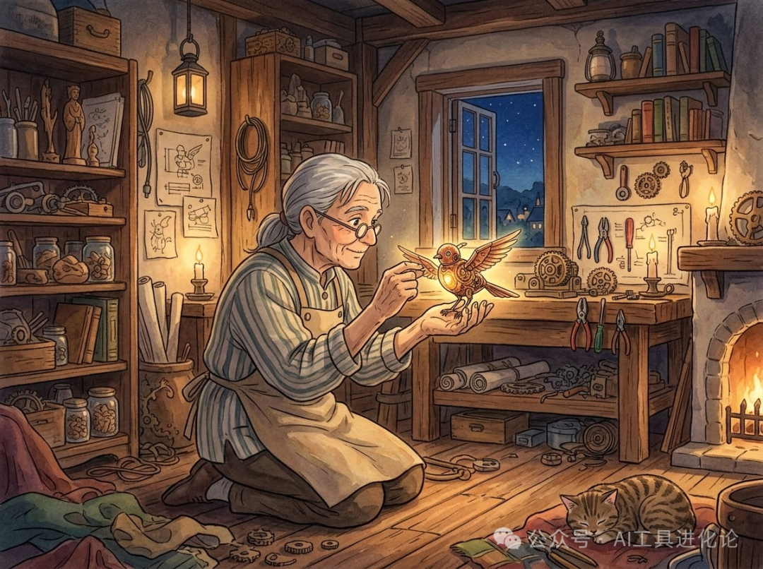 老工匠在工坊中调试机械鸟,寓意AI编程需匠心与工程化