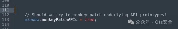 代码编辑器截图,高亮显示设置monkeyPatchAPIs为true的代码行。