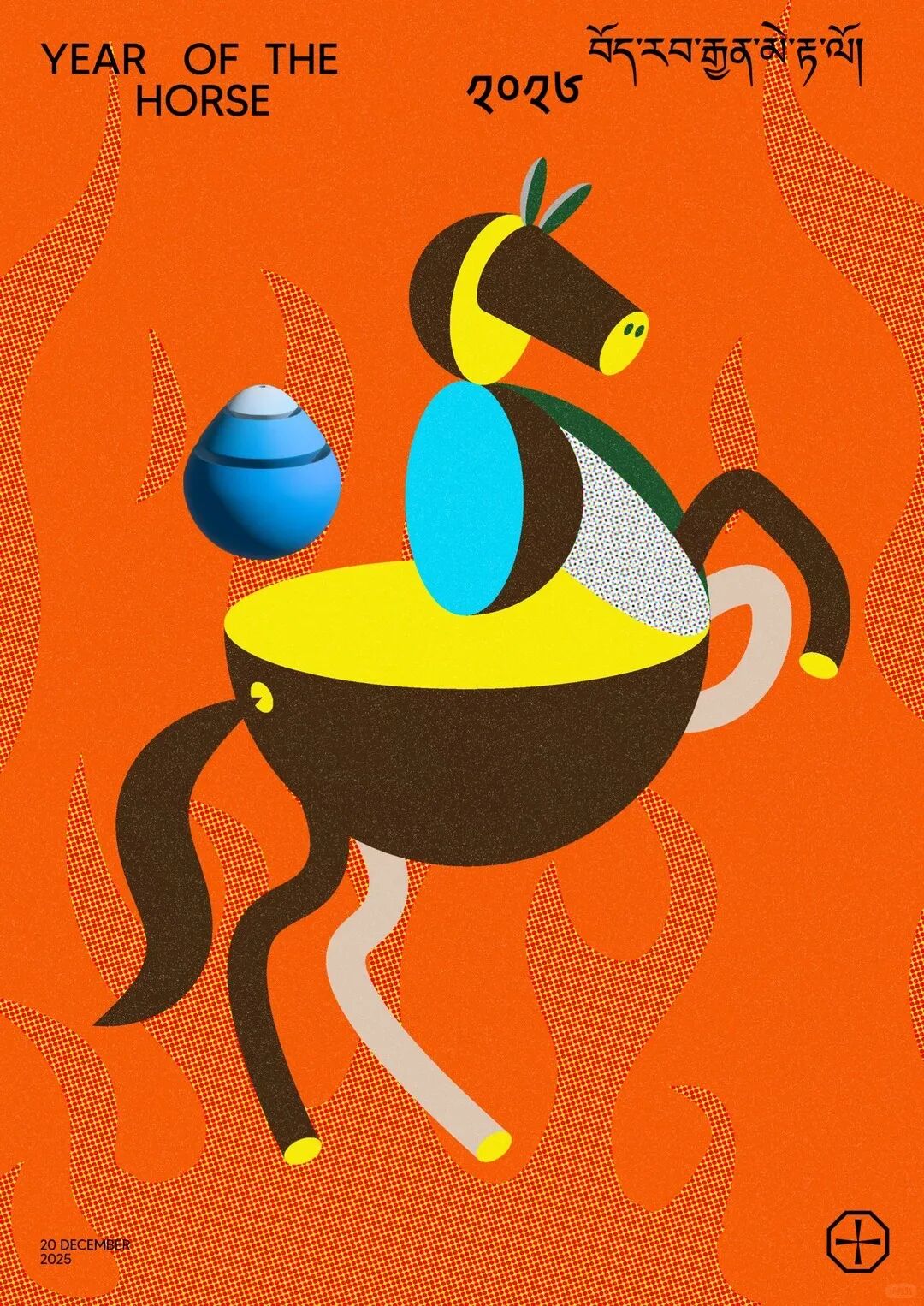 橙色背景海报：几何马形，黄蓝黑白色块，左上角“YEAR OF THE HORSE”