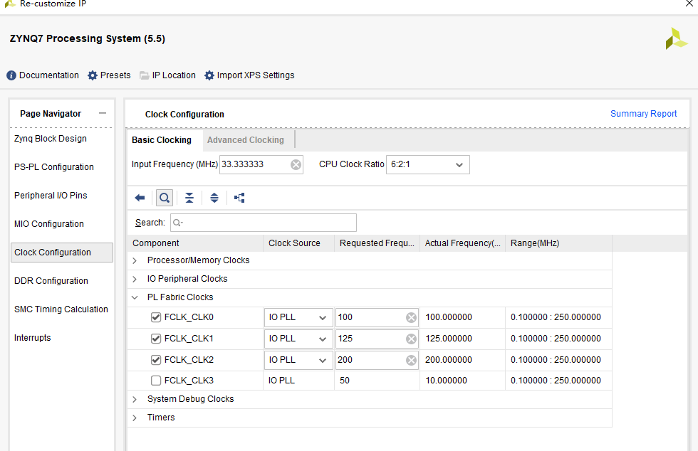 ZYNQ7 处理系统时钟配置界面