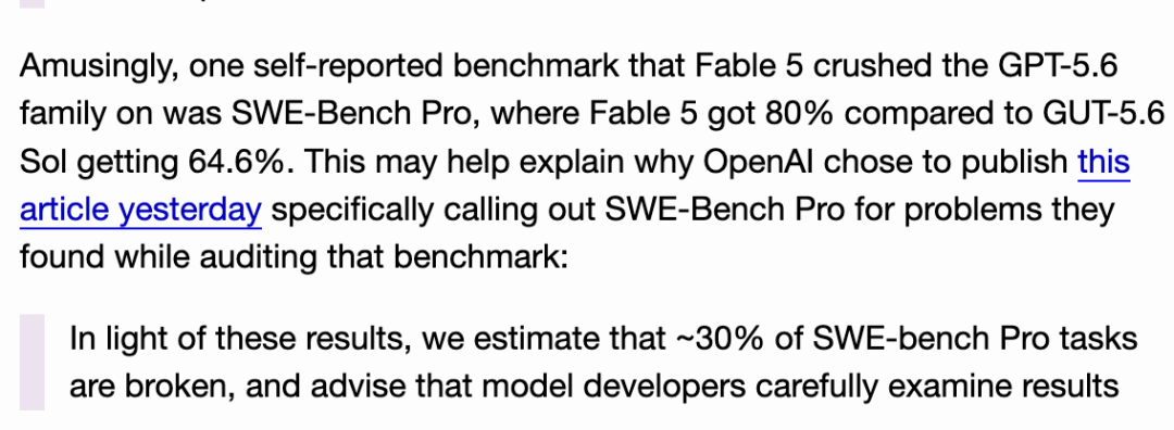 截图显示Simon Willison指出Fable 5在SWE-Bench Pro上得分80%远高于GPT-5.6 Sol的64.6%