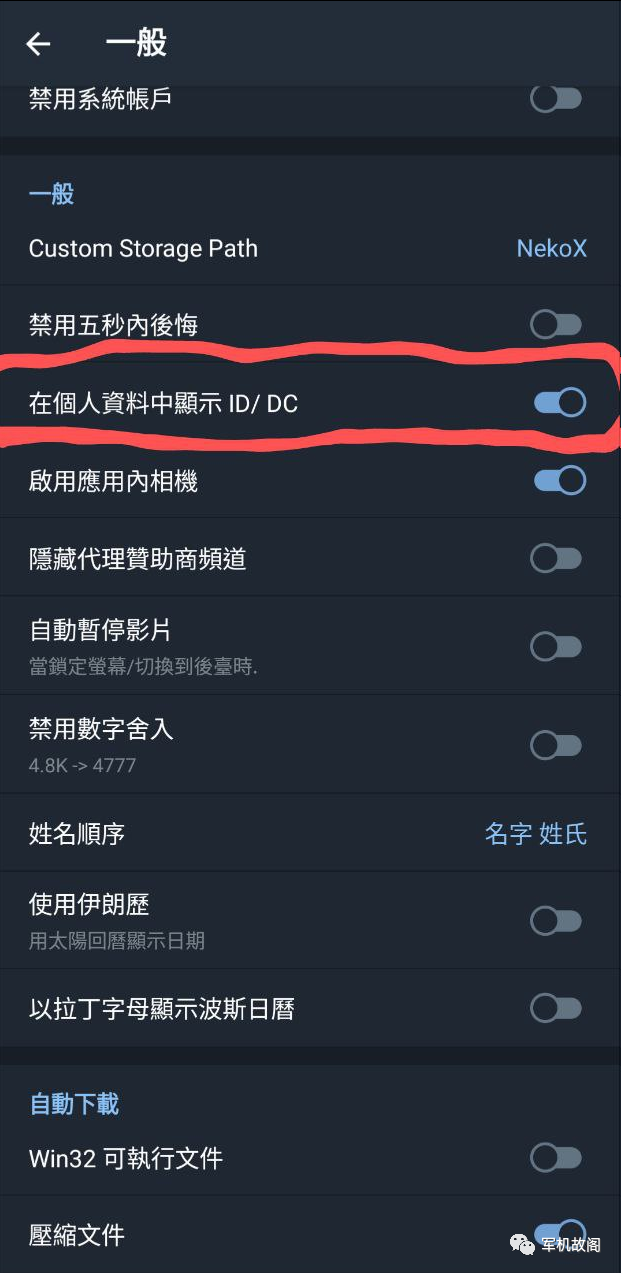 Nekogram X客户端中开启显示ID/DC的开关