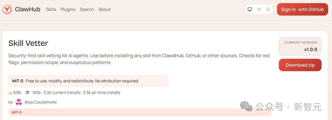 ClawHub 平台上的 Skill Vetter 插件页面