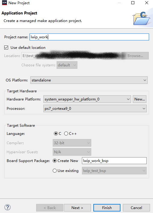 新建应用工程向导，配置项目名称和硬件平台