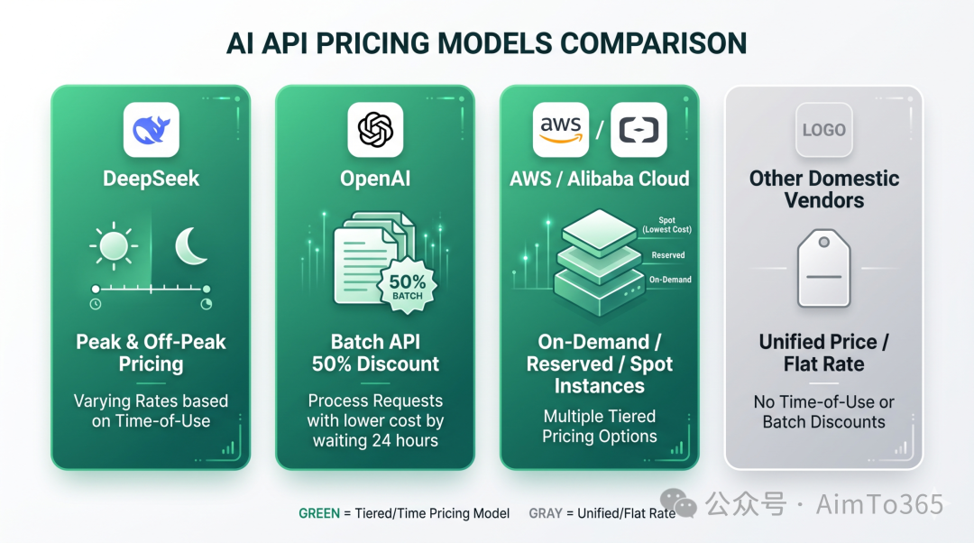 AI API 定价模型对比:峰谷、批量、分层与固定费率