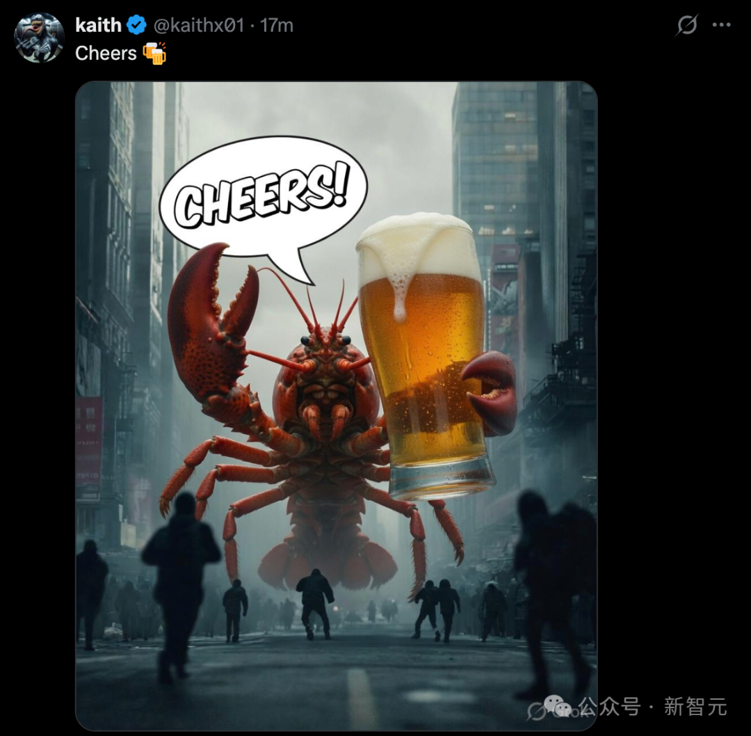 社交媒体梗图：巨型龙虾举杯庆祝