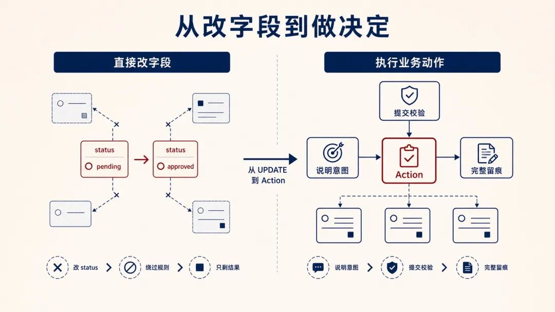 从直接改字段到执行业务 Action 的演进对比图