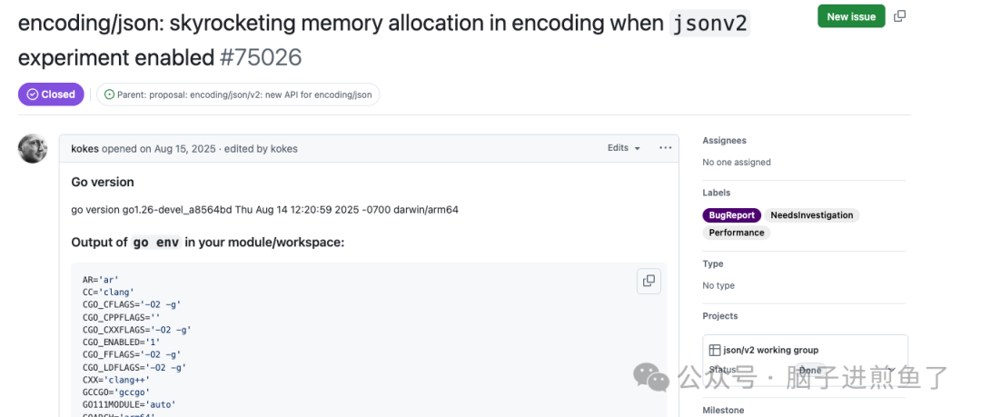 GitHub议题截图：启用jsonv2实验特性后内存分配飙升